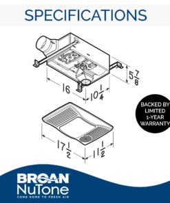 Broan 100HL Bathroom Fan, 100 CFM for 4" Ducts w/100W Max Incandescent Light (Not Included) & Heater - White 12 71MqF0SPauL