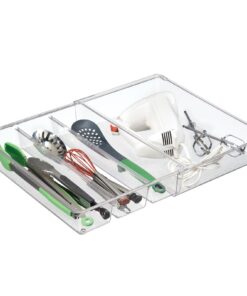 mDesign Plastic Adjustable/Expandable Divided Drawer Storage Organizer with 4 Compartments for Kitchen Pantry, Cupboard, Cabinet, Hold Silverware, Utensils, Cutlery - Ligne Collection - 2 Pack - Clear 4 Compartment Expandable Pack of 2 21 71MreretTVL