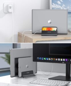 OMOTON [Updated Dock Version Vertical Laptop Stand, Double Desktop Stand Holder with Adjustable Dock (Up to 17.3 inch), Fits All MacBook/Surface/Samsung/HP/Dell/Chrome Book (Black) Black 28 71MxgKi4XUL