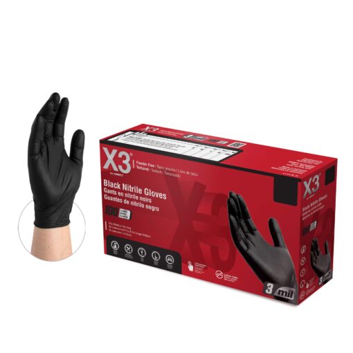 X3 Black Nitrile Disposable Industrial-Grade Gloves 3 Mil, Latex and Powder-Free, Food-Safe, Non-Sterile, Lightly-Textured Large (Pack of 100) Box of 100