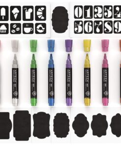 ARTEZA Liquid Chalk Markers Set of 8, Metallic Colors for Chalkboard, Blackboard, Glass, Mirror, Window, Restaurant Menu, and Classroom, Includes 8 Replaceable Chisel Tips, Tweezers, Labels, Stencils 16 71N 6DrMtLL