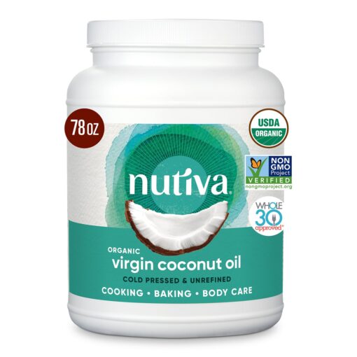 Nutiva Organic Coconut Oil 78 fl oz, Cold-Pressed, Unrefined Cooking Oil, Natural Hair Oil, Skin Oil, Massage Oil and, Non-GMO, USDA Organic, Extra Virgin Coconut Oil (Aceite de Coco) 78 Fl Oz (Pack of 1)