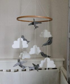 Sorrel + Fern Baby Crib Mobile (Birds and Clouds) - Felt Nursery Ceiling Decoration and Baby Shower for Girls & Boys - Grey & White Birds & Clouds 45 71N3PhgpglL