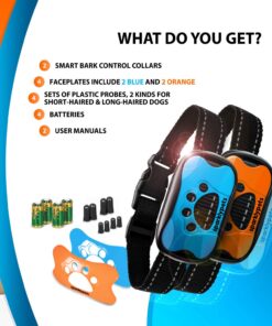 Humane Dog Bark Collar 2 Pack | Anti Barking Training Collar | Vibrating, No Shock Stop Barking for Small Medium Large Dogs | Excessive Barking Pet Corrector, (Battery) Orange & Blue Battery 28 71N7hUaxltL