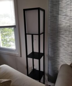Floor Lamp with Shelves - Room Light by LIGHTACCENTS - Corner Storage Standing Bookshelf Lamp - Bedroom Light with Wooden Storage Shelves and White Cotton Linen Shade (Black) Black 37 71NFF4J6AkL