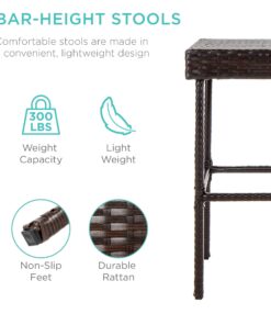 Best Choice Products 3-Piece All-Weather Wicker Bar Table Set for Indoor Outdoor, Kitchen, Patio, Backyard w/ 2 Stools, Glass Tabletop, Storage Shelves - Brown 22 71NHMKoWAL