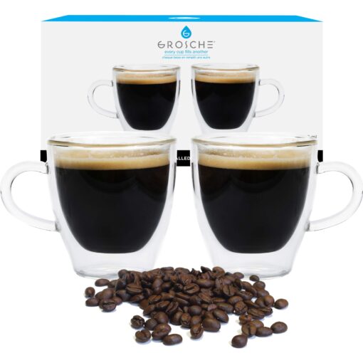 GROSCHE Turin Double Wall Glass Espresso Cups WITH HANDLES - Insulated Glass Cappucino Mugs - Clear Mug - Double Walled Latte Cup - Espresso Mugs (2.35 fl oz - Set of 2) With handle 1 EA