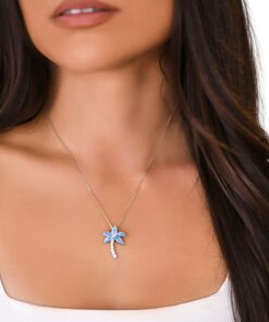 Beaux Bijoux Sterling Silver Simulated Opal Palm Tree Necklace for Women | CZ Diamond and Created Blue Opal Pendant Necklace with 18 inch Silver Chain 8 71NY4gYdlLL