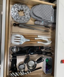 mDesign Plastic Adjustable/Expandable Divided Drawer Storage Organizer with 4 Compartments for Kitchen Pantry, Cupboard, Cabinet, Hold Silverware, Utensils, Cutlery - Ligne Collection - 2 Pack - Clear 4 Compartment Expandable Pack of 2 31 71NlQquruPL