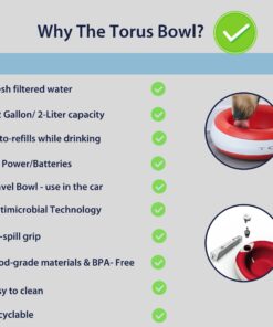 Torus Pet Maxi Filtered Water Bowl (Red) - 2-Liter - Travel - Home - Auto-Fill - Powerless Portable Dispenser – Food Grade – Antimicrobial - BPA-Free - Dog – Cat – No Spill - No Splash Red 19 71Nt6l6mt1L