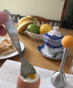 Egg Cups For Soft Boiled Eggs with Spoons - Egg & Cracker Tool Set - Stainless Steel Egg Opener Topper & Cutter - Hard Boiled Egg Holder Tool by Eparé Yellow Rubber Handle 33 71O KIYFr4L