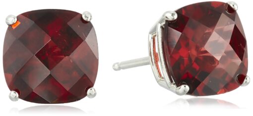 Amazon Collection 925 Sterling Silver Cushion Cut Birthstone Stud Earrings for Women Red Garnet,January 8 mm