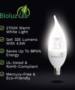 Bioluz LED 6 Pack Flame Tip Candelabra LED Bulb, Dimmable 40 Watt Chandelier Bulbs 40 (uses 4.5W) Watt E12 Base Candle Bulbs 2700K (Warm White) Indoor/Outdoor Flame Tip - 6 Pack 19 71OBVbKRtvL