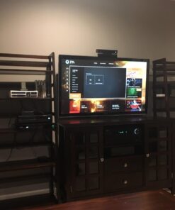 SIMPLIHOME Bedford SOLID WOOD Universal TV Media Stand, 53.9 inch Wide, Living Room Entertainment Center, Storage Cabinet with Glass Doors, for Flat Screen TVs up to 60 inches in Dark Tobacco Brown 43 71OD3wrEdVL