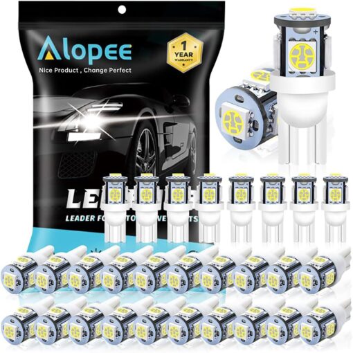 Alopee 30 Pack 194 Led Bulb White 6500K T10 Led Light Bulbs 5SMD 5050 Chips 2825 Led Bulb 168 Led Bulb 158 501 W5W Automotive Replacement for Car Dome Map Door Courtesy Trunk Light DC 12V