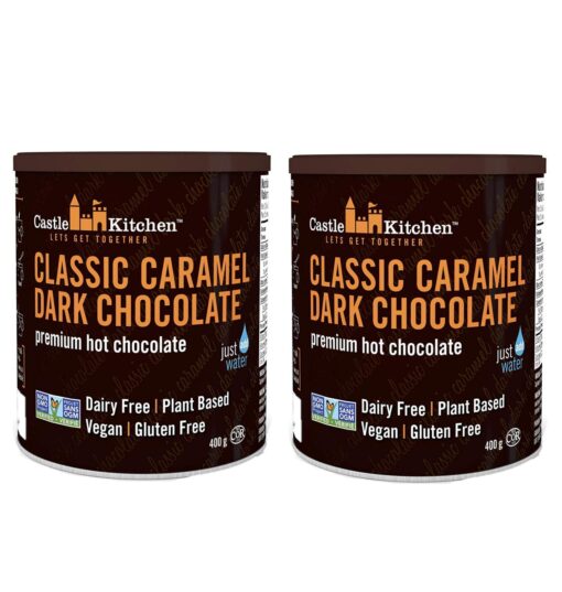 Castle Kitchen Classic Caramel Dark Chocolate - Dairy-Free, Vegan Premium Hot Chocolate Mix - Just Add Water - 14 oz (Pack of 2) Caramel 2 Pack 14 Ounce (Pack of 2)