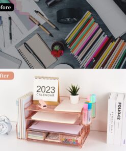 Alternative view of gianotter Paper Letter Tray Organizer with File Holder, 4-Tier Desk Accessories & Workspace Desk Organizers with Drawer and 2 Pen Holder for Office Supplies (Rose Gold) Rose Gold