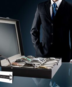 Watch Box Organizer Pillow Case 24 Slot Display Cases With Framed Glass Lid Elegant Contrast Stitching Sturdy and Secure Lock for Men Women Watch and Jewelry Large Holder Boxes 24 71ONOKj5fBL