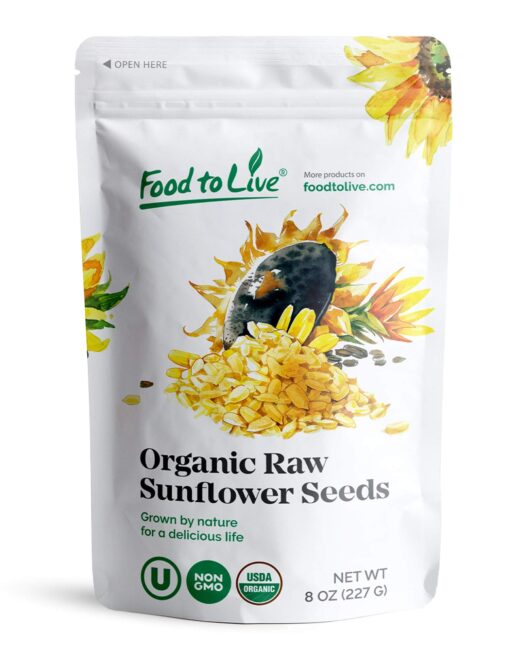 Organic Sunflower Seeds, 8 Ounces – Hulled, Raw, Non-GMO, Dried Kernels, Unsalted, Kosher, Vegan, Keto, Paleo, Sirtfood, Bulk, Low Sodium Nuts, Good Source of Protein, Vitamins E, B7 0.5 Pounds