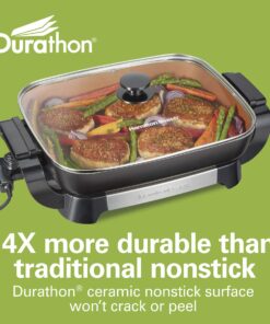 Hamilton Beach Durathon Ceramic Electric Skillet with Removable 12x15” Pan, Adjustable Temperature, Reversible Design, Tempered Glass Lid, Copper Colored Nonstick Surface (38529K) 23 71OcSsQU L