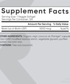 Sports Research Vegan Biotin 5000mcg with Organic Coconut Oil - Extra Strength Biotin Vitamin B7 for Healthier Hair & Skin + Keratin Support - Non-GMO & Gluten Free, 120 Softgels (4 Month Supply) 120 Count (Pack of 1) 5,000mcg 31 71Of9LuzWL 1