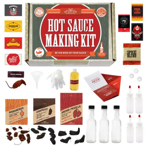 DIY Gift Kits Hot Sauce Making Kit, 26 Piece Set, Gourmet Spicy Gift Set For Men, Featuring 5th Generation Heirloom Peppers & Spice Blends, Natural & GMO Free, Recipe Book, Storing Bottles Standard