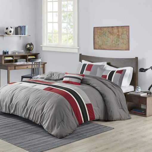 Mi Zone Cozy Comforter Set Geometric Stripes Vibrant Color Design All Season Bedding Matching Shams, Decorative Pillow, Full/Queen, Red/Grey, 4 Piece Pipeline Red/Grey/Black