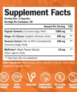 Tumeric and Ginger with Black Pepper - Natural Turmeric Curcumin Joint Support Supplement with Bioperine & 95% Curcuminoids. High Absorption Curcumin Supplements. Digestive & Immune Support. 60 Caps 23 71P5Qfo BYL
