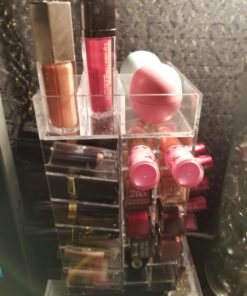 Ikee Design Premium Acrylic Rotating 64 Cosmetic Lipstick Organizer Tower,Lipgloss Stand with Removable Dividers, 360 Degree Spinning Lipstick Display Tower,4 1/2 W x 4 1/2 D x 9 1/8 H in Clear 34 71PNaIRfWeL