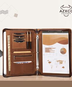 AZXCG Leather Portfolio Binder,3 Ring Binder Padfolio with Zipper fits up to 13.3" Laptop, Professional Organizer, Business Folder with Clipboard, Leather Notepad Holder Brown Graduation Gift Standard 37 71PPq2x1olL