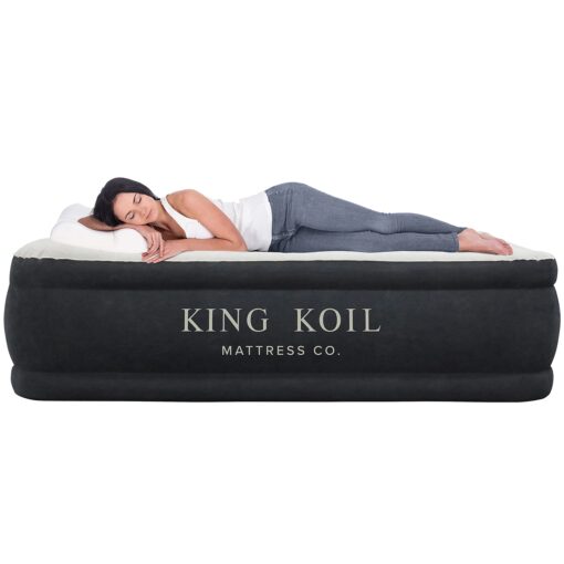 King Koil Luxury Air Mattress Queen with Built-in Pump for Home, 20” Queen Size Inflatable Airbed Luxury Double High Adjustable Blow Up Mattress, Durable - Portable and Waterproof, Black 20 Inch