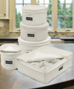 Sorbus China Storage Containers - 5 Pc Quilted Set for Moving & Transporting Dinnerware, Dishes, Round Plates, Glassware, Cups & Mugs with Felt Plate Protectors - Fine China Glass, Plate Storage Cases Beige 5 Piece Quilted China Storage 12 71PWTOR9jNL