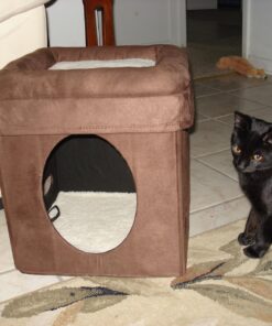 MidWest Homes for Pets 137-BR 'The Original' Curious Cat Cube, Cat House / Cat Condo in Brown Faux Suede & Synthetic Sheepskin Brown Single Story 42 71PanIS3eML