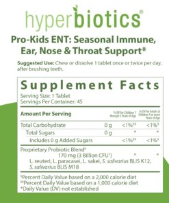 Hyperbiotics ENT Probiotic for Kids | Vegan Supplement for Ears, Nose, Throat | Chewable Tablets for Children | Strawberry Vanilla | Sugar Free | Digestive Health & Immune Support | 45 Count 19 71QAVs24QL