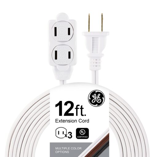 GE 3-Outlet Extension Cord with Multiple Outlets 12 Ft Extension Cord Power Strip 2 Prong 16 Gauge Twist-to-Close Safety Outlet Covers Outdoor Extension Cord Outlet Extender UL Listed White 51954 1 Pack