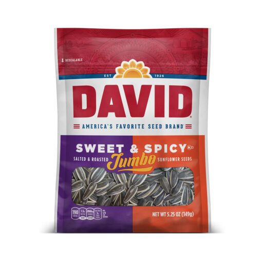 DAVID Seeds Sweet and Spicy Salted and Roasted Jumbo Sunflower Seeds, Keto Friendly Snack, 5.25 OZ Bags, 12 Pack 5.25 Ounce (Pack of 12)