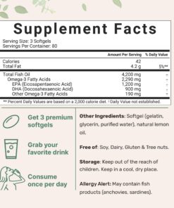 Triple Strength Omega 3 Fish Oil Supplements 4200mg Per Serving, 240 Softgels – Lemon Flavored – Burpless (Enteric-Coated) | EPA 1200mg + DHA 900mg | Deep Sea Fish, Wild Caught from Norwegian Waters 240 Count (Pack of 1) 18 71QfHNvo5aL
