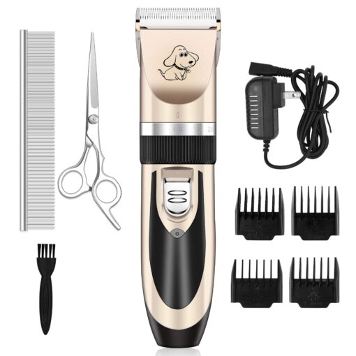 Maxshop Dog Grooming Kit, Low Noise Rechargeable Dogs Shaver Clippers Electric Quiet Dog Hair Trimmer for Dogs and Cats with Comb Guides Scissors Nail Kits (Gold Black) Gold Black