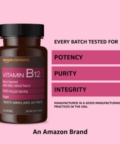 Amazon Elements Vitamin B12 Methylcobalamin 5000 mcg - Normal Energy Production and Metabolism, Immune System Support - 2 Month Supply, Berry Flavored Lozenges, 65 Count 23 71QnVhmLwXL