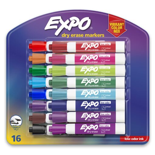 EXPO Low Odor Dry Erase Markers, Chisel Tip, Assorted Colors, 16 Count 16-Count
