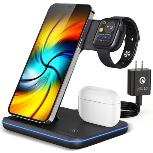 Wireless Charging Station, 2021 Upgraded 3 in 1 Wireless Charger Stand with Breathing Indicator Compatible with iPhone 12/11 Pro/XS/8, iWatch Series Black