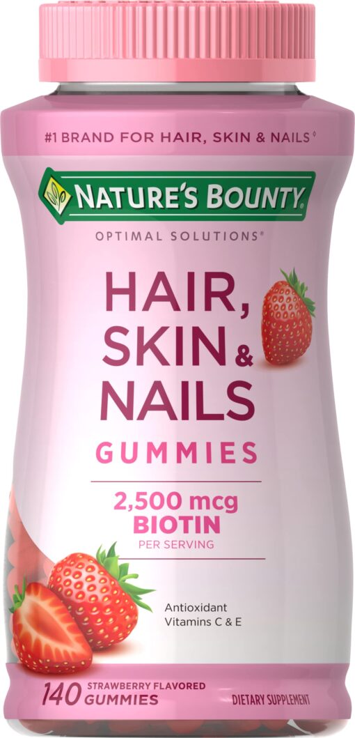 Nature's Bounty Hair, Skin & Nails with Biotin, Strawberry Gummies Vitamin Supplement, Supports Hair, Skin, and Nail Health for Women, 2500 mcg, 140 Ct 140 Count (Pack of 1)