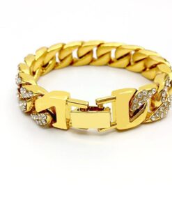 Mens Womens Cuban Link Bracelet Hip Hop Bracelet Stainless Steel Chain Bracelet Iced Out Curb Cuban 18k Gold Plated Bracelet With Clear Rhinestones (A-Gold) 25 71R76f4urfL