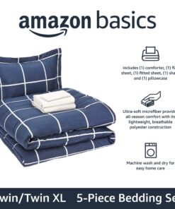 Alternative view of Amazon Basics Lightweight Microfiber Bed-in-a-Bag Comforter 5-Piece Bedding Set, Twin/Twin XL, Navy with Simple Plaid 1-Pack
