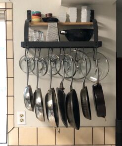 Rack It Up Bookshelf Wall Pot Rack with Wood Shelf and 8 hooks, Steel Gray Hammertone 13 71RODXNvrqL