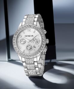 FANMIS Luxury Unisex Pave Floating Crystal Diamonds Calendar Digital Quartz Watch Business Dress Watch Luminous Pointer with Stainless Steel Link Bracelet silver 22 71RQt1YHCDL