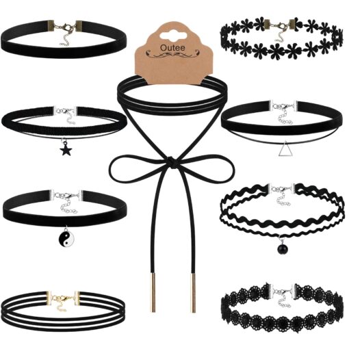 Outee 9 Pcs Choker Set Black Chokers Necklaces for Women Black Velvet Choker Necklaces for Teen Girls Henna Tattoo Ribbon Chokers for Women