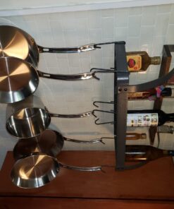 Rack It Up Bookshelf Wall Pot Rack with Wood Shelf and 8 hooks, Steel Gray Hammertone 14 71Rfftvg88L