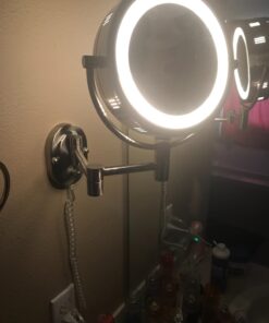 JERDON Two-Sided Wall-Mounted Makeup Mirror with Halo Lighting - Lighted Makeup Mirror with 5X Magnification & Wall-Mount Arm - Plug in Round Mirror with Nickel Finish Wall Mount - Model HL65N 27 71Rp77KyoXL