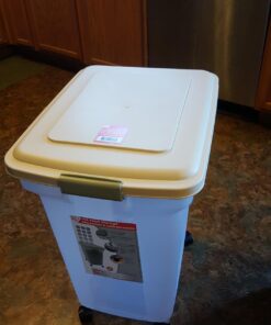 IRIS USA 55 Lbs / 67 Qt WeatherPro Airtight Pet Food Storage Container with Attachable Casters, For Dog Cat Bird and Other Pet Food Storage Bin, Keep Pests Out, Translucent Body, Almond/Clear Clear/Almond 48 71RykMhyKCL 1